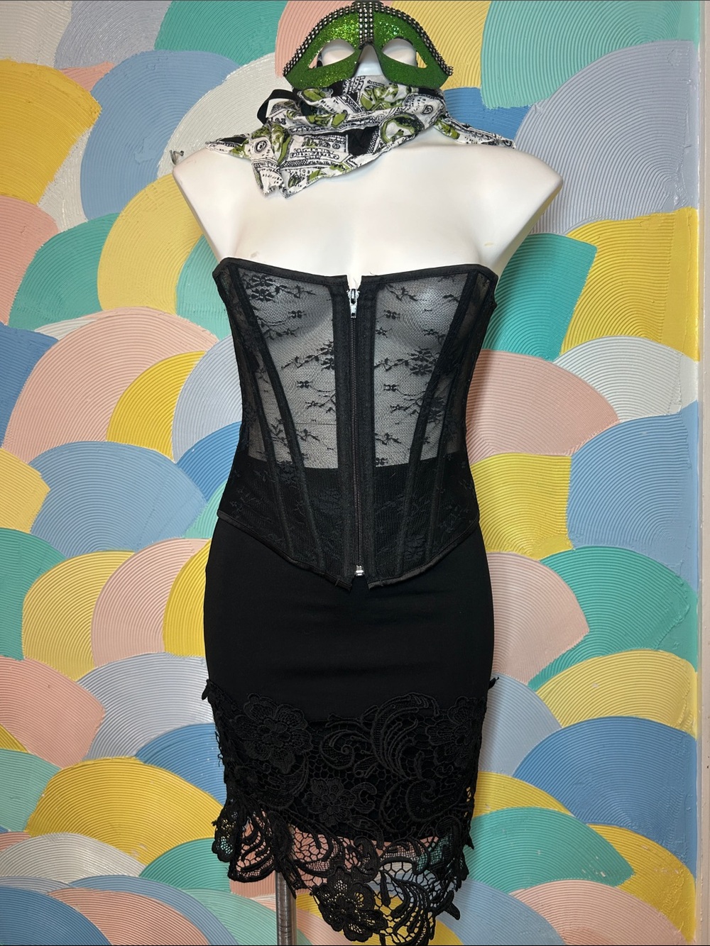 Adore me Black Lace Corset & Skirt Set with mask and bandanna sz M